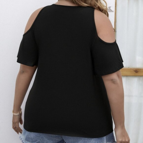 Shein Plus Cold Shoulder Floral Tee Size 4XL Black Mandala Boho Top Casual Loose - Picture 3 of 6